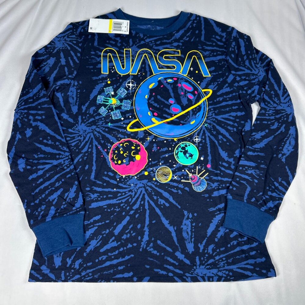 Boys Size Medium NASA Themed Graphic Long Sleeve Tshirt Planets Space Blue NWT